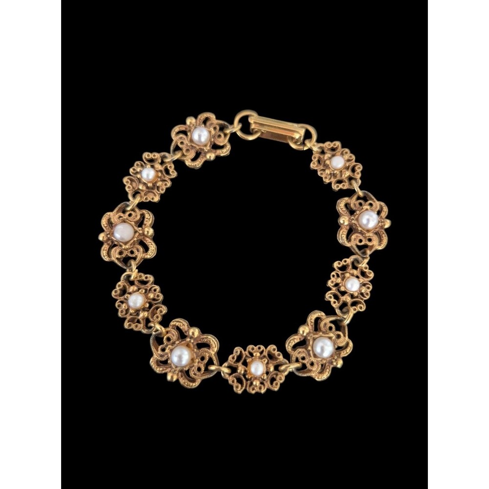 Vintage Florenza Bracelet Filigree Faux Pearl Gold Tone Statement 7"